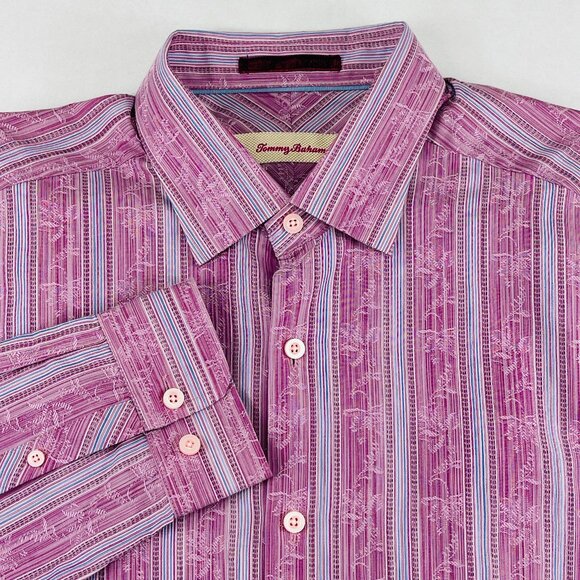 Tommy Bahama Silk Shirt Mens Medium Striped Floral Long Sleeve Button Up - Picture 1 of 5